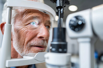 Senior European man undergoing glaucoma exam using slit lamp at ophthalmologist office,