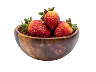 Fresh strawberries in a wooden bowl isolated on transparent background