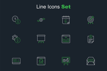 Set line Envelope, Monitor with graph chart, Telephone 24 hours support, Sell button, Contract money, Browser stocks market, Chalkboard and Gear dollar symbol icon. Vector