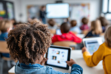 back to school concept, diverse classroom of kids using tablets and digital whiteboard, modern education setting,