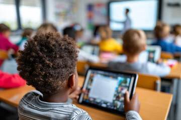 back to school concept, diverse classroom of kids using tablets and digital whiteboard, modern education setting, 