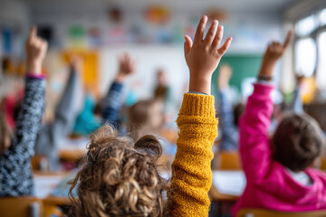back to school atmosphere, elementary kids sitting at desks raising hands eagerly, colorful classroom,