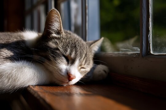 Gray and white cat sleeping peacefully on a windowsill. - Powered by Adobe