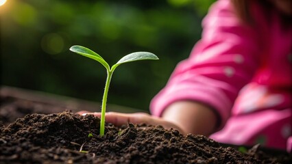 Isolated shot of a small plant seedling growing in the soil, symbolizing new life and spring development