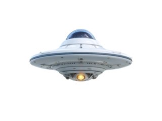 White flying saucer with blue trim and glowing yellow light spaceship alien, Isolated, Png Transparent Background