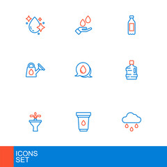 Set line Cloud with rain, Water filter cartridge, Fountain, Big bottle clean water, Watering can, drop speech bubbles, Bottle of and Washing hands soap icon. Vector