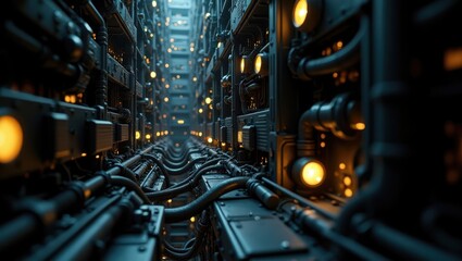 Fototapeta premium Futuristic Data Center Filled With Glowing Panels and Network Pipes