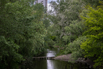 Zhandarka Lake in the Pozniaky district of Kyiv, Ukraine. A small wooden bridge crosses the water,...