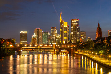 Illuminated Frankfurt City Downtown, Frankfurt Cathedral at Night and Main River. Hesse, Germany