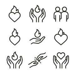 Inner Fire Icons. Outline icon set of inner fire in relationships and compassion: heart flame, helping hands fire, friendship