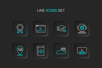 Set line Online class, Cloud or online library, Audio book, education, Web camera, Graduation cap with cursor, play video and diploma icon. Vector