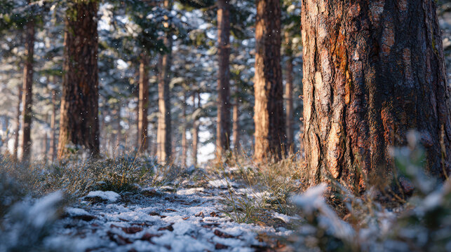 Snowy forest trail adventure winter wonderland nature photography tranquil environment ground level view peaceful escape