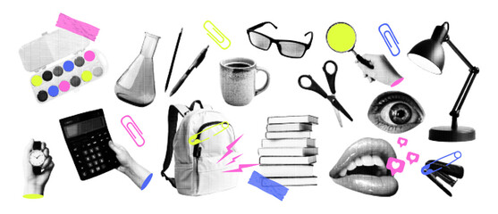 Education school concept halftone collage. Elements backpack, mug, paints, pen, pencil, desk lamp, books. Retro vector illustration isolated on transparent background.