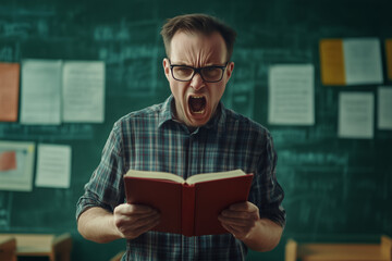 A fierce, angry displeased school teacher man stands with a book in hands on blackboard background of classroom and yelling.