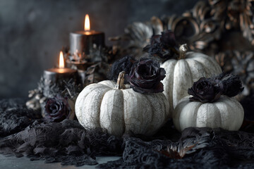 gothic halloween scene with white pumpkins and black lace, dark academia vibe