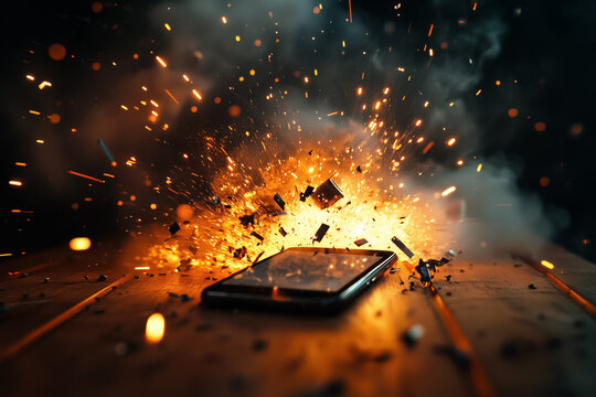 Burning mobile phone on the table, phone battery explosion close up background.