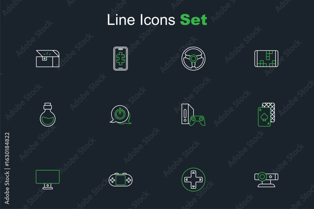 Poster set line web camera, game controller or joystick, portable video game console, computer monitor, pla