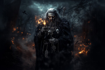 Fototapeta premium A creepy undead old man mage with an ancient staff in a mystical foggy forest background