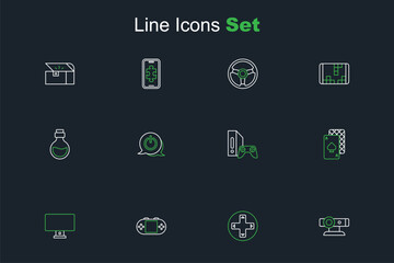 Set line Web camera, Game controller or joystick, Portable video game console, Computer monitor, Playing cards, with, Power button and Bottle magic elixir icon. Vector