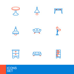 Set line Lamp hanging, Sofa, Furniture nightstand, Floor lamp, Office desk and icon. Vector