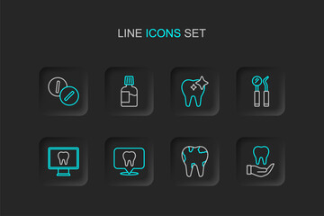 Set line Tooth, Broken tooth, Dental clinic location, Online dental care, mirror and probe, whitening, Mouthwash and Toothache painkiller tablet icon. Vector