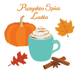 Pumpkin spice latte, autumn coffee. Hand drawn isolated vector illustration. Adobe Illustrator Artwork