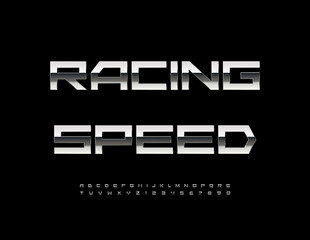 Vector Silver icon Racing Speed. Techno Metallic Font. Digital Steel Alphabet Letters and Numbers set.