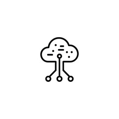 Cloud computing network and data distribution monoline icon. Vector symbol of a cloud with internal circuits and branching paths to nodes