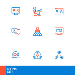 Set line Meeting, Video chat conference, Speech bubble, Speaker, and Freelancer icon. Vector