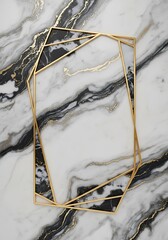 Elegant golden geometric frame on a swirling marble texture backdrop design concept