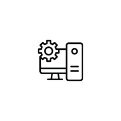 Computer system settings and PC configuration monoline icon. Vector line art symbol of a desktop computer monitor and tower with a gear for maintenance