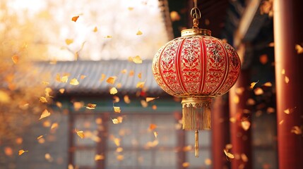 Red lantern with gold patterns glowing in a traditional courtyard, celebrating China National Day.