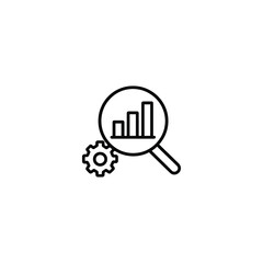 Data analysis and financial report monoline icon. Vector line art symbol of a magnifying glass with a bar chart and gear for business intelligence