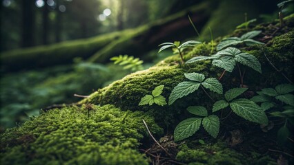 A small green lizard rests on a mossy branch in a lush, green forest