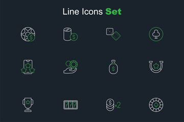 Set line Casino chips, with dollar, Slot machine jackpot, poker trophy cup, Horseshoe, Money bag, Hand holding casino and Online sports betting icon. Vector