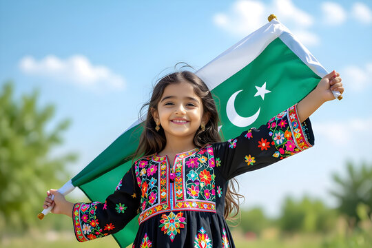 Pakistan independence day August 14th Baby girl joyfully holding the Pakistani flag, happy independence day Pakistan 