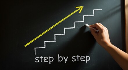 Chalkboard Steps Ascending with Yellow Arrow and Hand Drawing on Dark Background