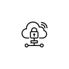 Secure cloud network and VPN connection monoline icon. Vector symbol of a cloud with wifi a padlock and a network diagram for secure internet access
