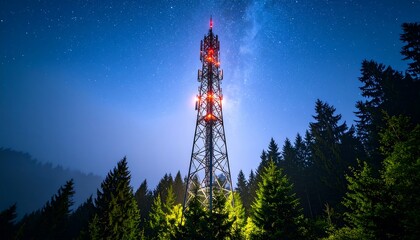 Obraz premium Illuminated Telecommunication Tower Under Starry Night Sky in Forest