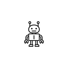 Simple humanoid robot and automation monoline icon. A vector line art symbol of a basic bipedal robot with antennae and pincer hands for technology