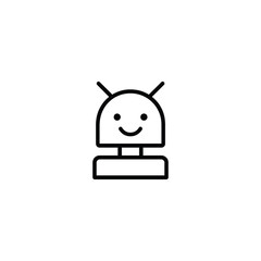 Simple friendly robot head and AI assistant monoline icon. A vector line art symbol of a smiling bot face with antennae representing customer service AI