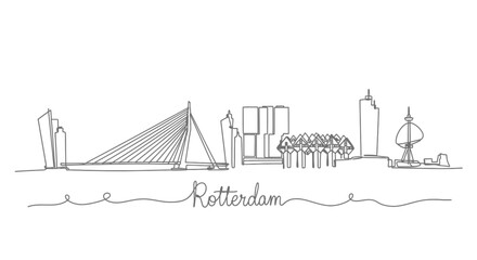 Rotterdam skyline continuous line drawing with Netherlands, and cityscape.
