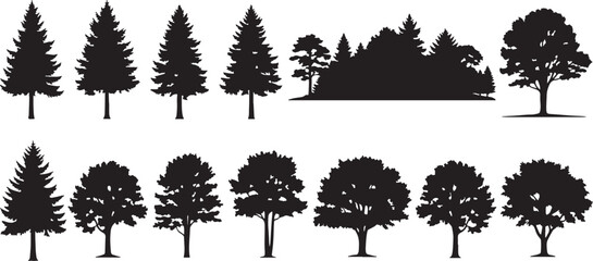 Fototapeta premium Silhouettes of various trees and a forest landscape, tree, silhouette, forest, nature, landscape, collection, set, illustration, graphic, design, element, isolated, white background, black, dark, simp