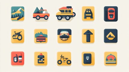 Obraz premium Colorful flat icons depicting various adventure and travel elements, including vehicles, bicycles, and landscape.
