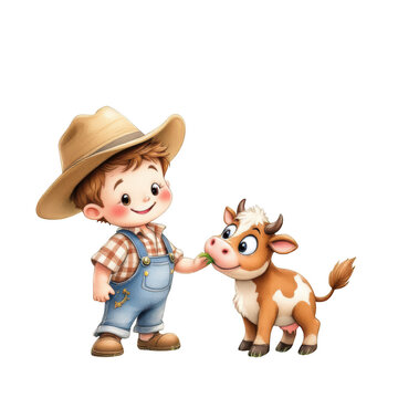 A cartoon boy in overalls and a hat feeding a calf a piece of grass on a black background