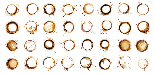 Round coffee stains. Liquid brown circle stamps of hot drink, cafe decor, coffee frames vector set