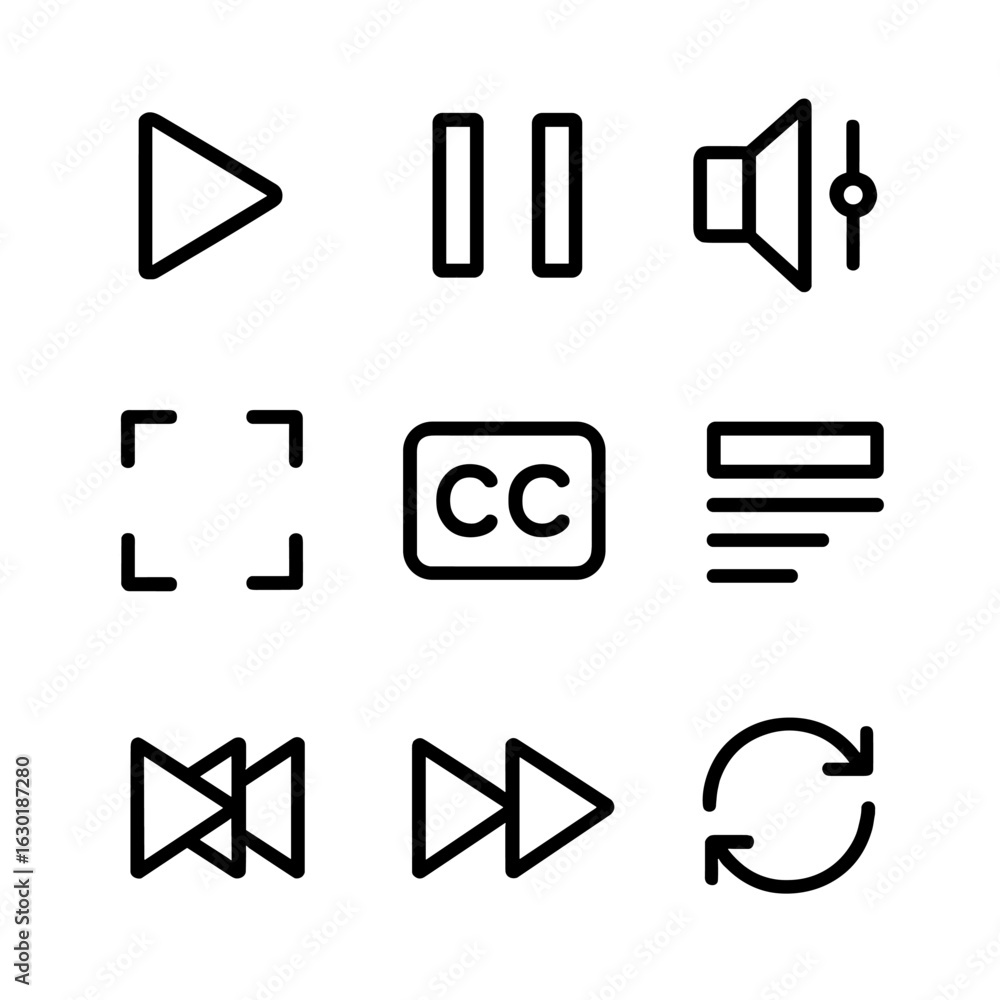 Poster interactive multimedia icons. outline icon set of interactive multimedia controls: play button, paus