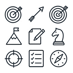 Fototapeta premium Intention Icon Set. Outline icon set of intention concepts: target, arrow, bullseye, goal, plan, strategy, focus, checklist,