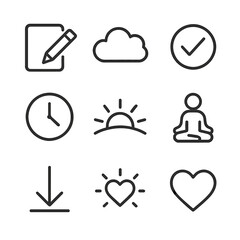 Intention Icons Set. Outline icon set of setting intentions: pencil and paper, intention word, thought cloud, check mark, mindful