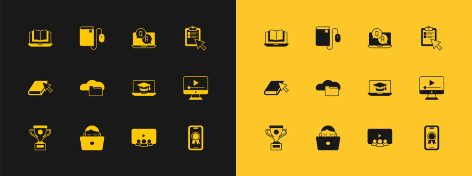 Set Online quiz, test, survey, Student working at laptop, Graduation cap on, class, Cloud online library, Question and Answer, and Electronic book with mouse icon. Vector